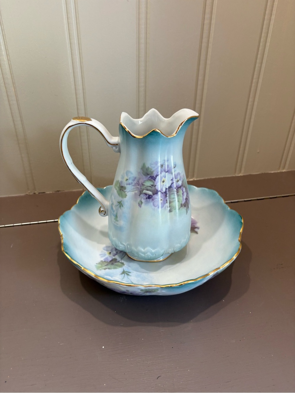 Hand-Painted Blue Floral Ceramic Pitcher and Basin Set with Gold Trim